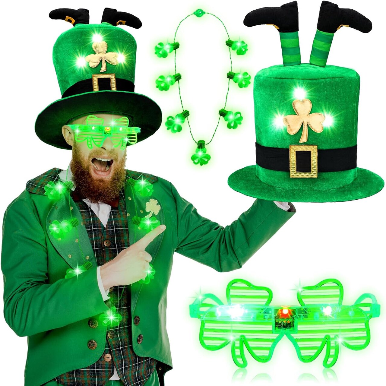 3 Pcs St. Patrick's Day Hats Irish LED Leprechaun Pants Hats Flashing Shamrock Necklaces and Light up Glasses St. Patrick's Day Costume Accessories for Party Supplies